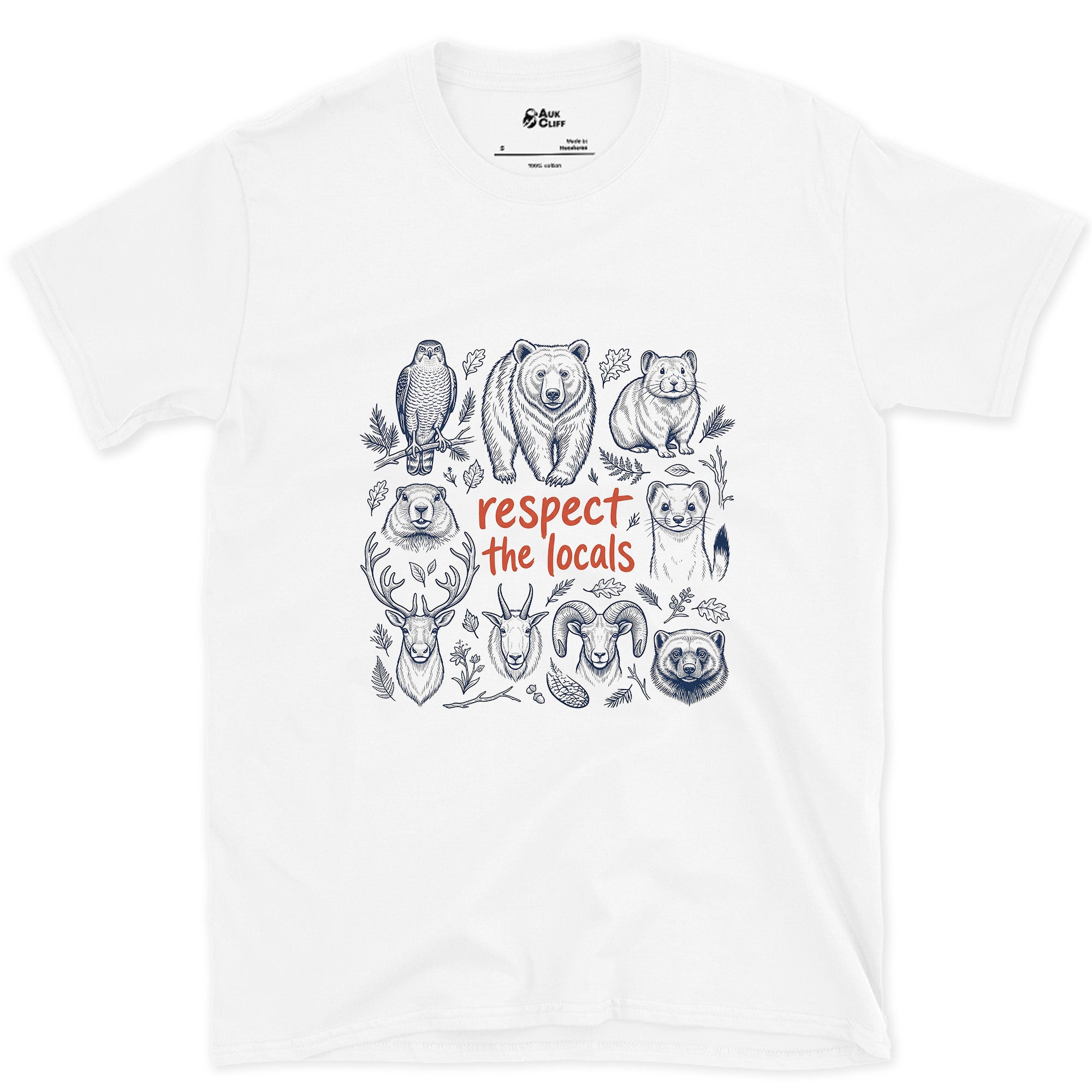 Respect the Mountain Locals, Animal Grid design on a White Gildan Softstyle t-shirt