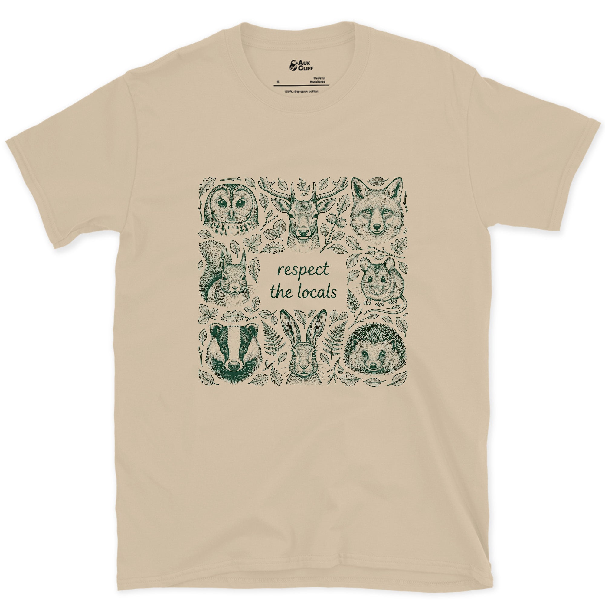 Respect the Wildlife, Five Field Portraits design on a Sand Gildan Softstyle t-shirt