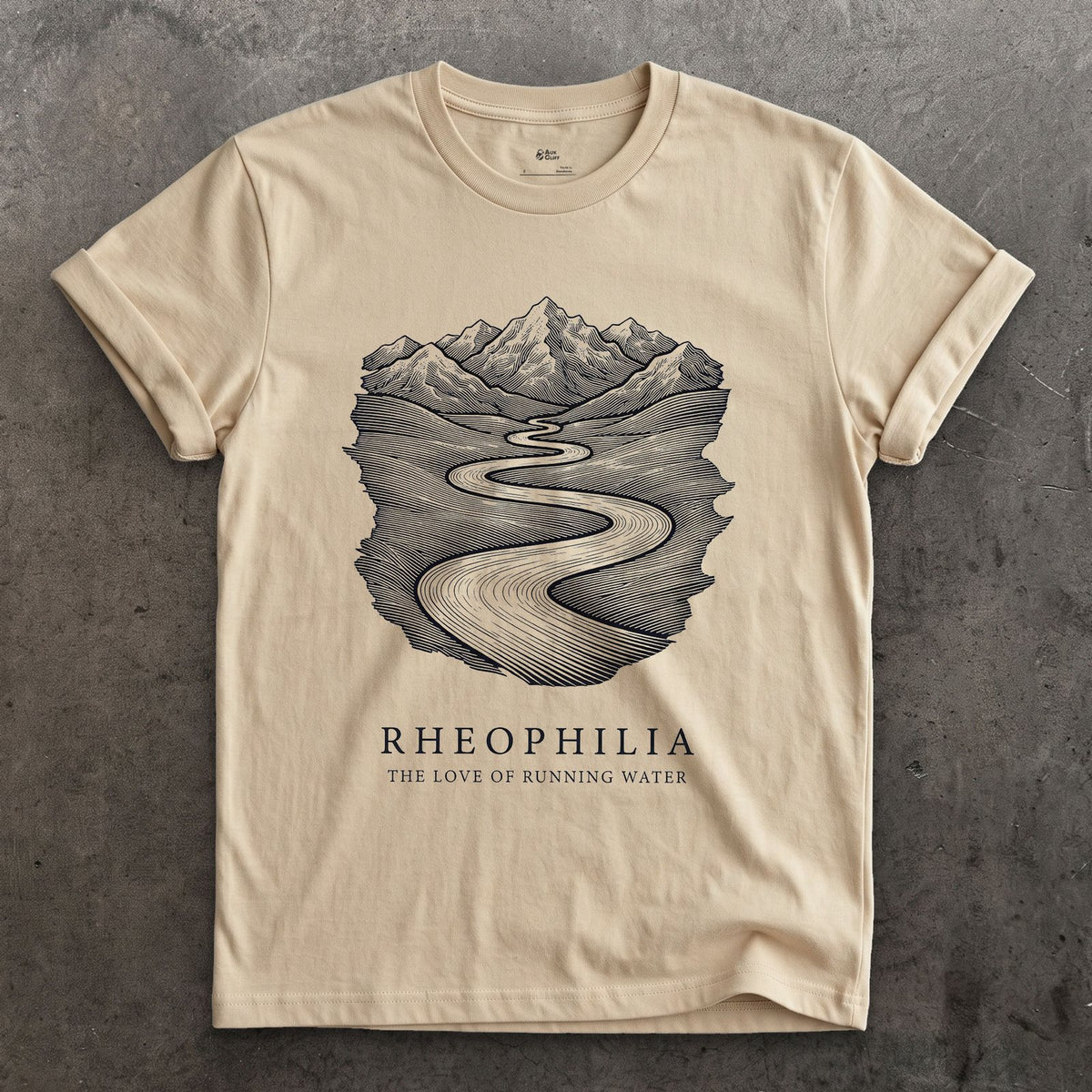 Rheophilia design on a Sand Gildan Softstyle t-shirt