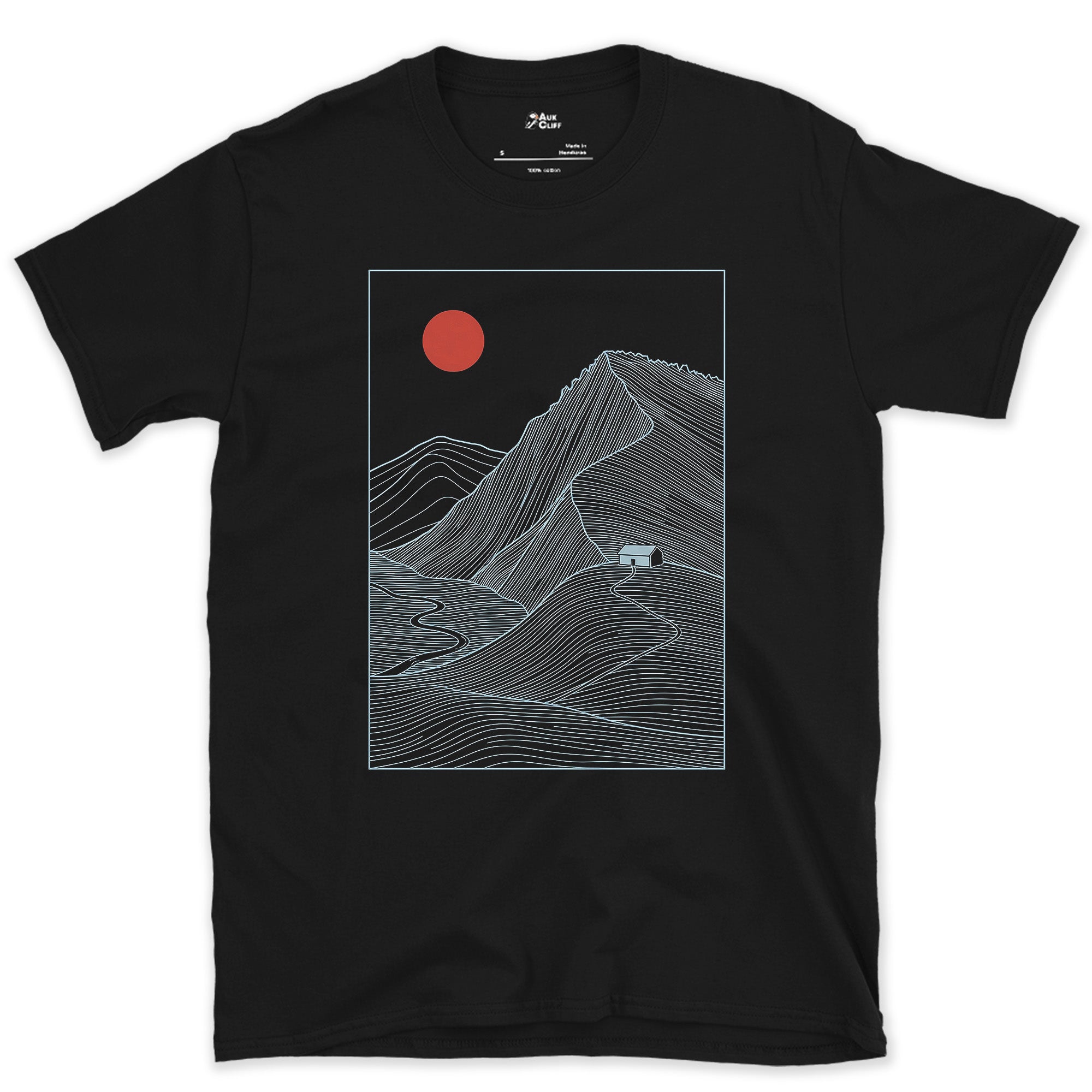 The Path That Ends at the Cabin Door design on a Black Gildan Softstyle t-shirt