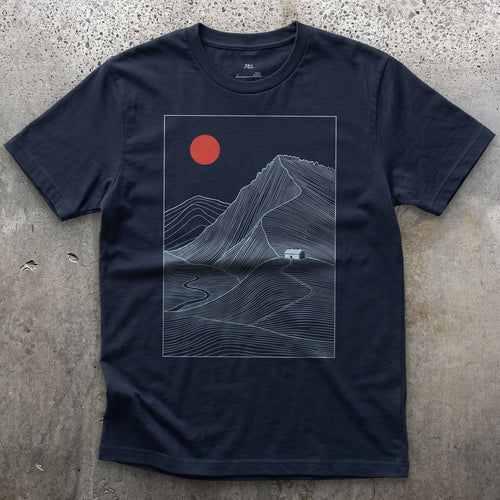The Path That Ends at the Cabin Door design on a Navy Gildan Softstyle t-shirt