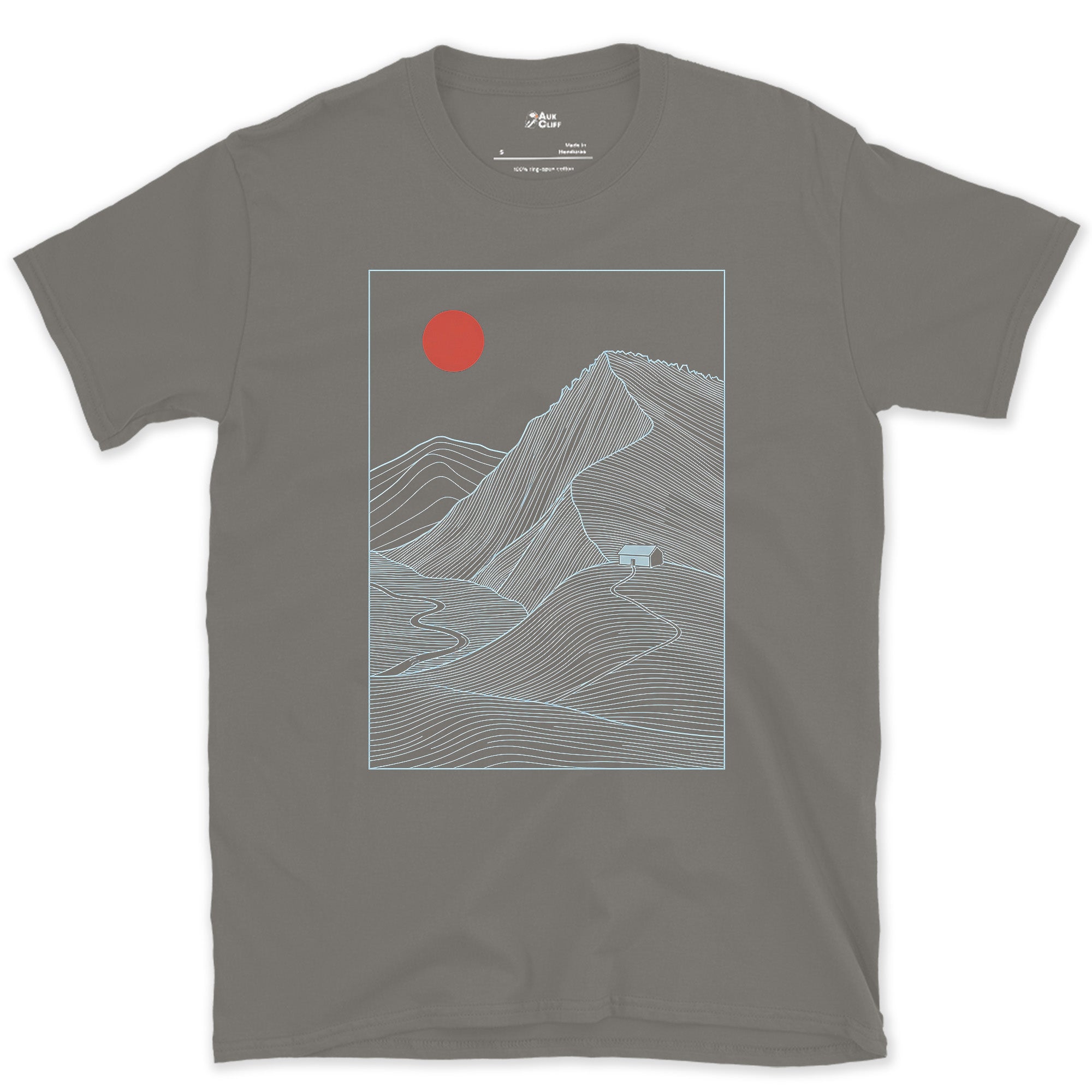 The Path That Ends at the Cabin Door design on a Charcoal Gildan Softstyle t-shirt