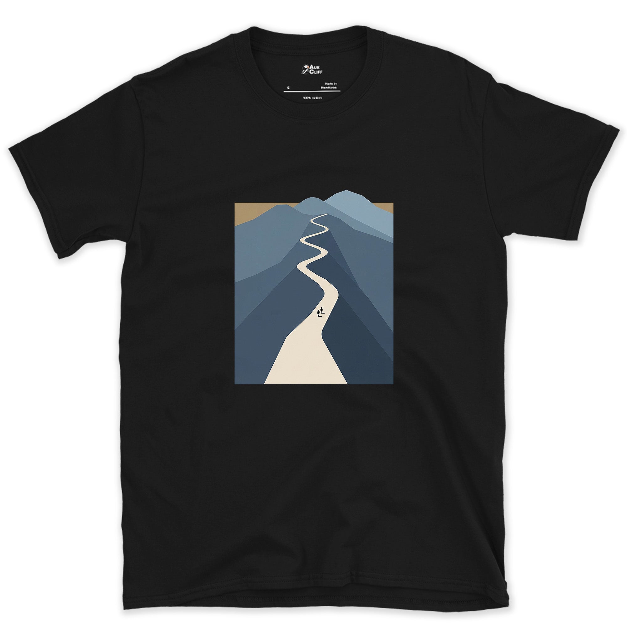 Small Against the Whole Mountain design on a Black Gildan Softstyle t-shirt
