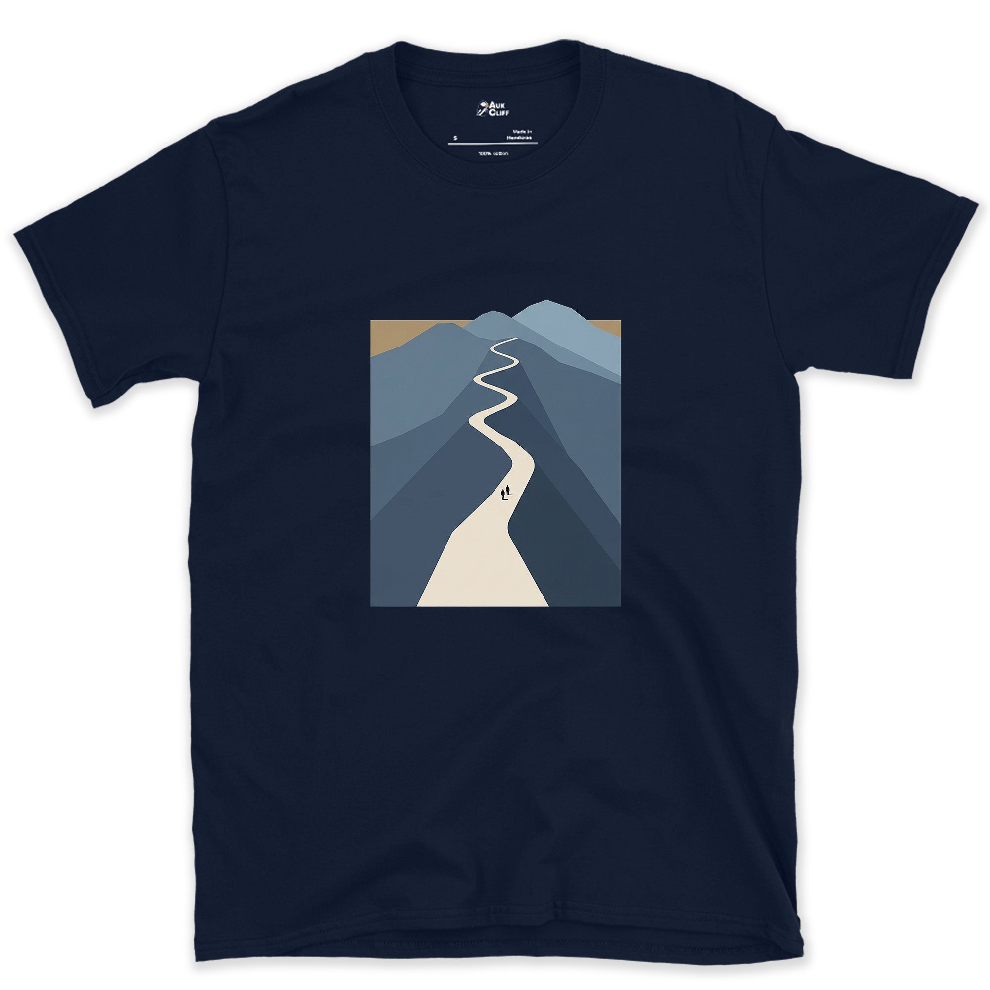 Small Against the Whole Mountain design on a Navy Gildan Softstyle t-shirt