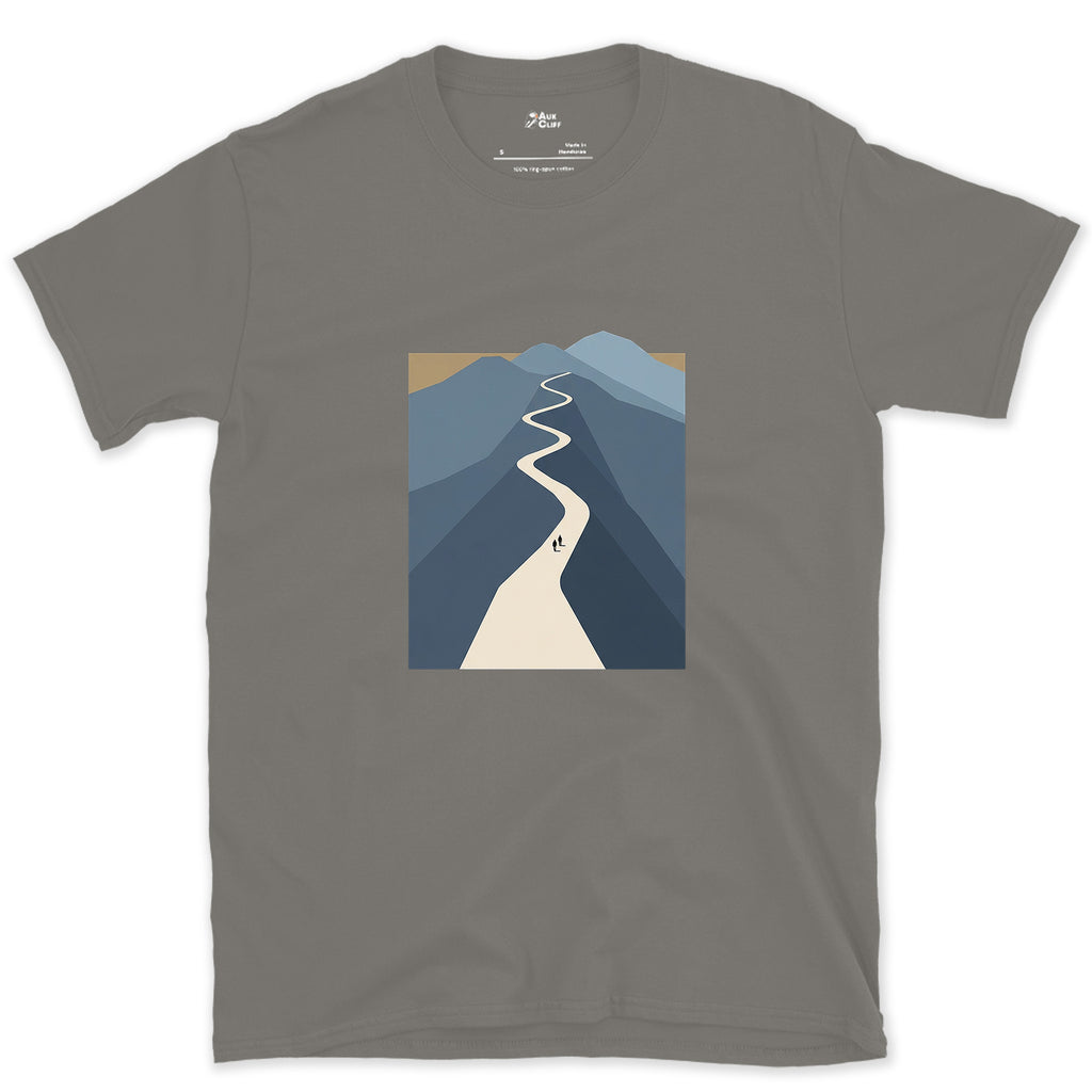 Small Against the Whole Mountain design on a Charcoal Gildan Softstyle t-shirt