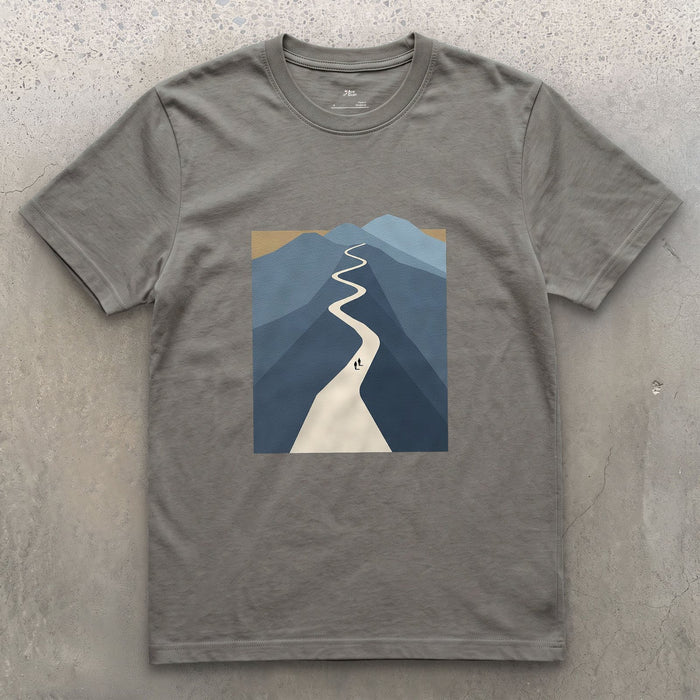 Small Against the Whole Mountain design on a Charcoal Gildan Softstyle t-shirt