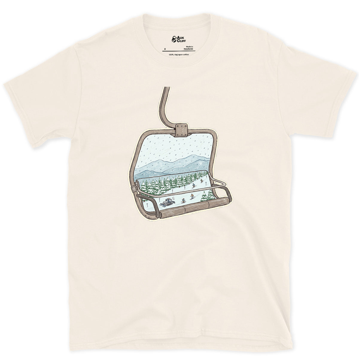 Riding Up Through the Snow, Chairlift design on a Natural Gildan Softstyle t-shirt