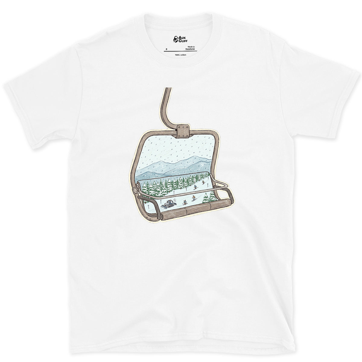 Riding Up Through the Snow, Chairlift design on a White Gildan Softstyle t-shirt