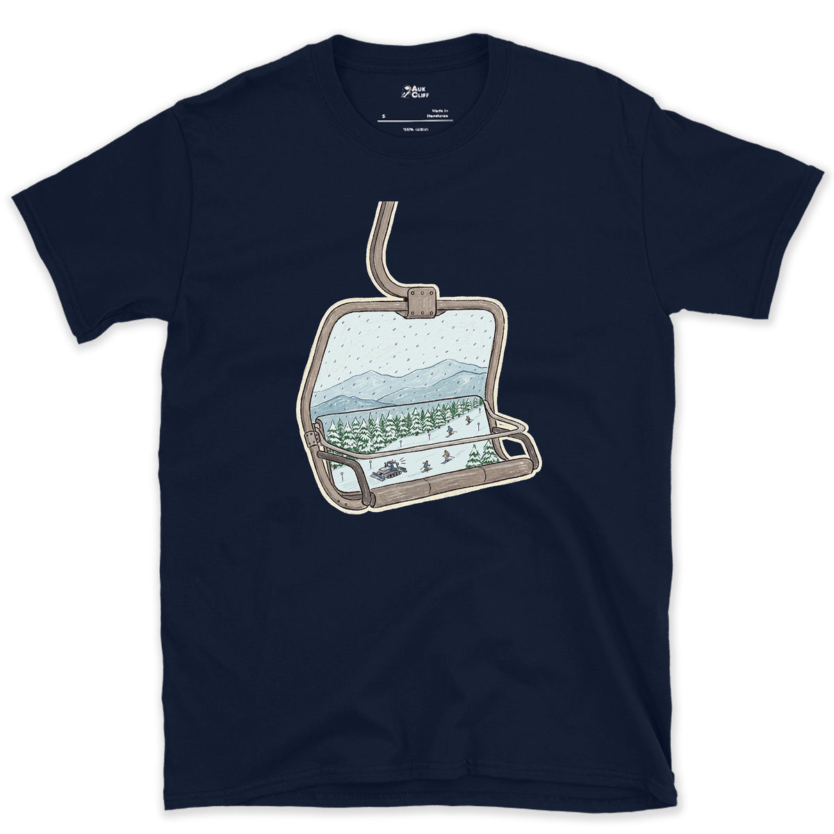 Riding Up Through the Snow, Chairlift design on a Navy Gildan Softstyle t-shirt