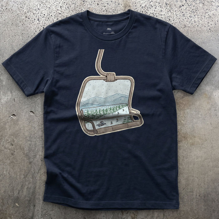 Riding Up Through the Snow, Chairlift design on a Navy Gildan Softstyle t-shirt