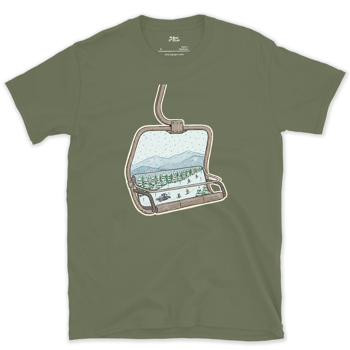 Riding Up Through the Snow, Chairlift design on a Military Green Gildan Softstyle t-shirt