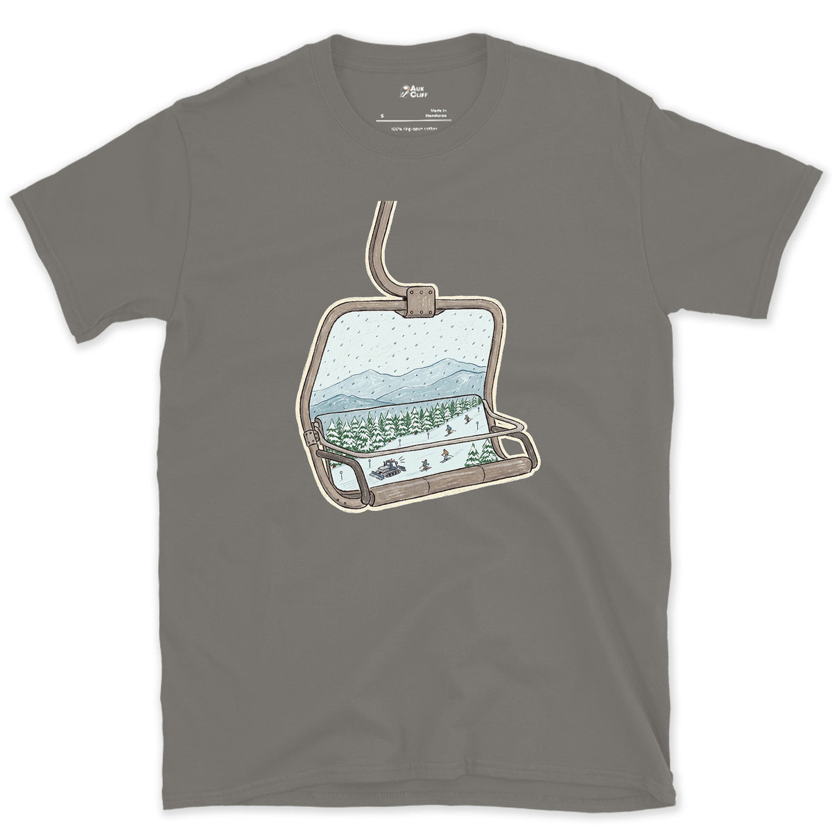 Riding Up Through the Snow, Chairlift design on a Charcoal Gildan Softstyle t-shirt
