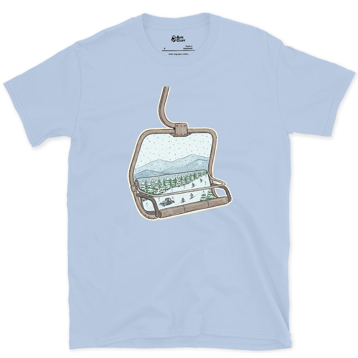 Riding Up Through the Snow, Chairlift design on a Light Blue Gildan Softstyle t-shirt