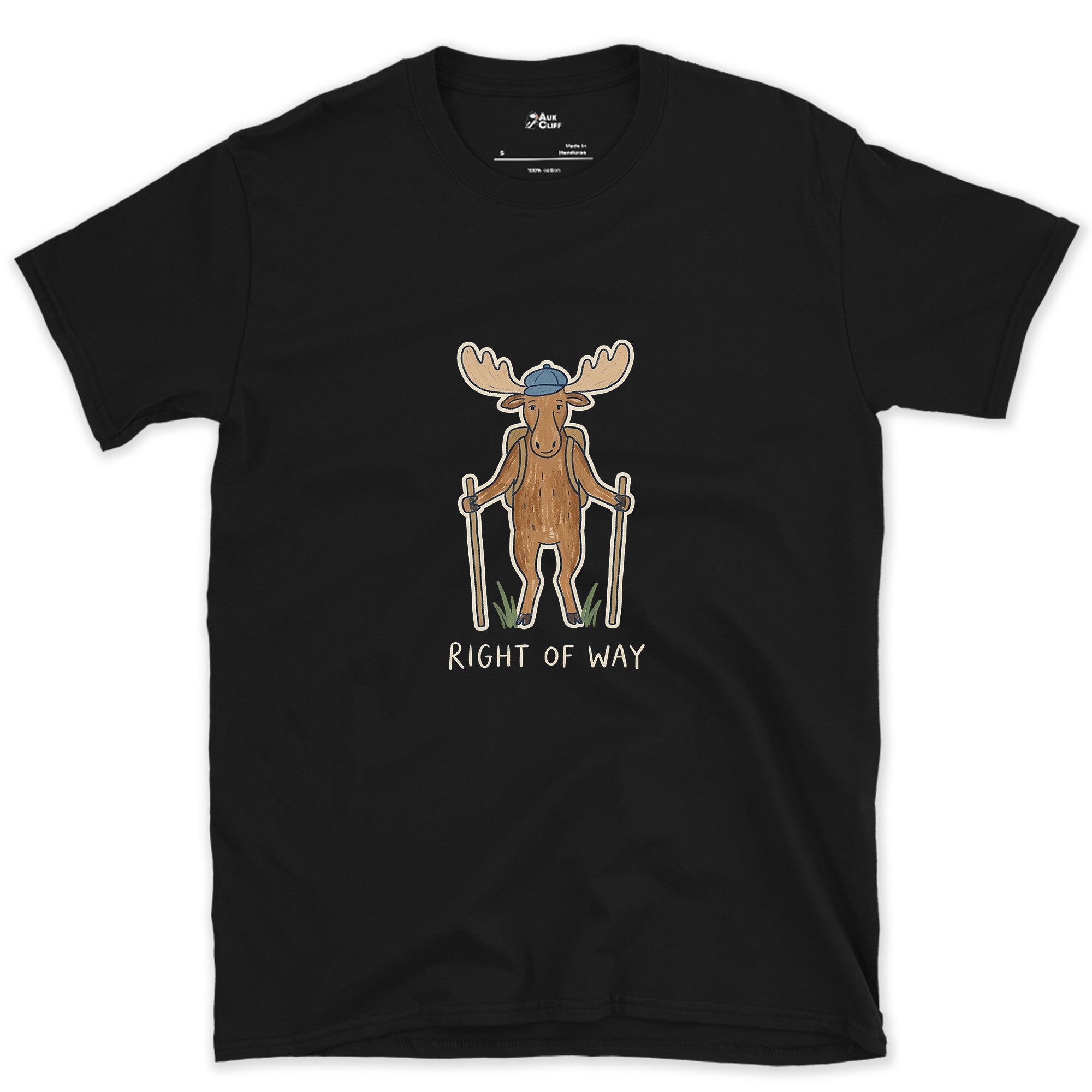 Right of Way, Moose Hiker design on a Black Gildan Softstyle t-shirt
