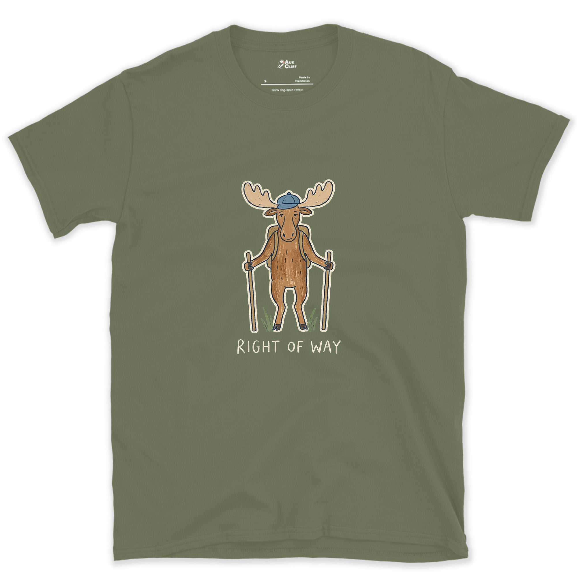 Right of Way, Moose Hiker design on a Military Green Gildan Softstyle t-shirt