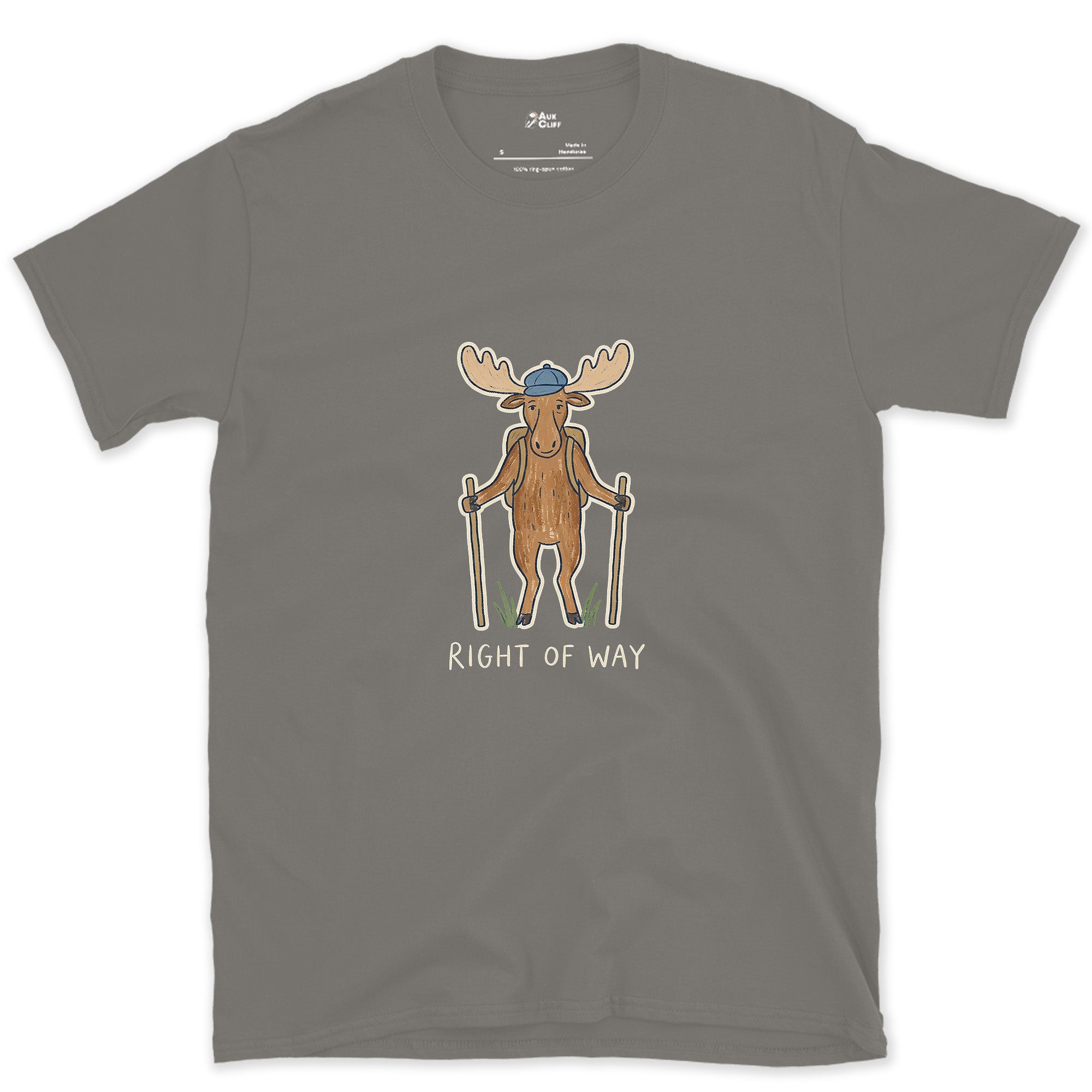 Right of Way, Moose Hiker design on a Charcoal Gildan Softstyle t-shirt