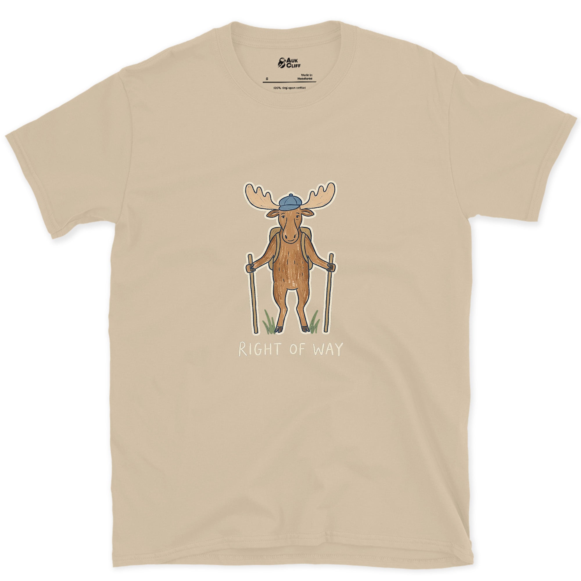Right of Way, Moose Hiker design on a Sand Gildan Softstyle t-shirt