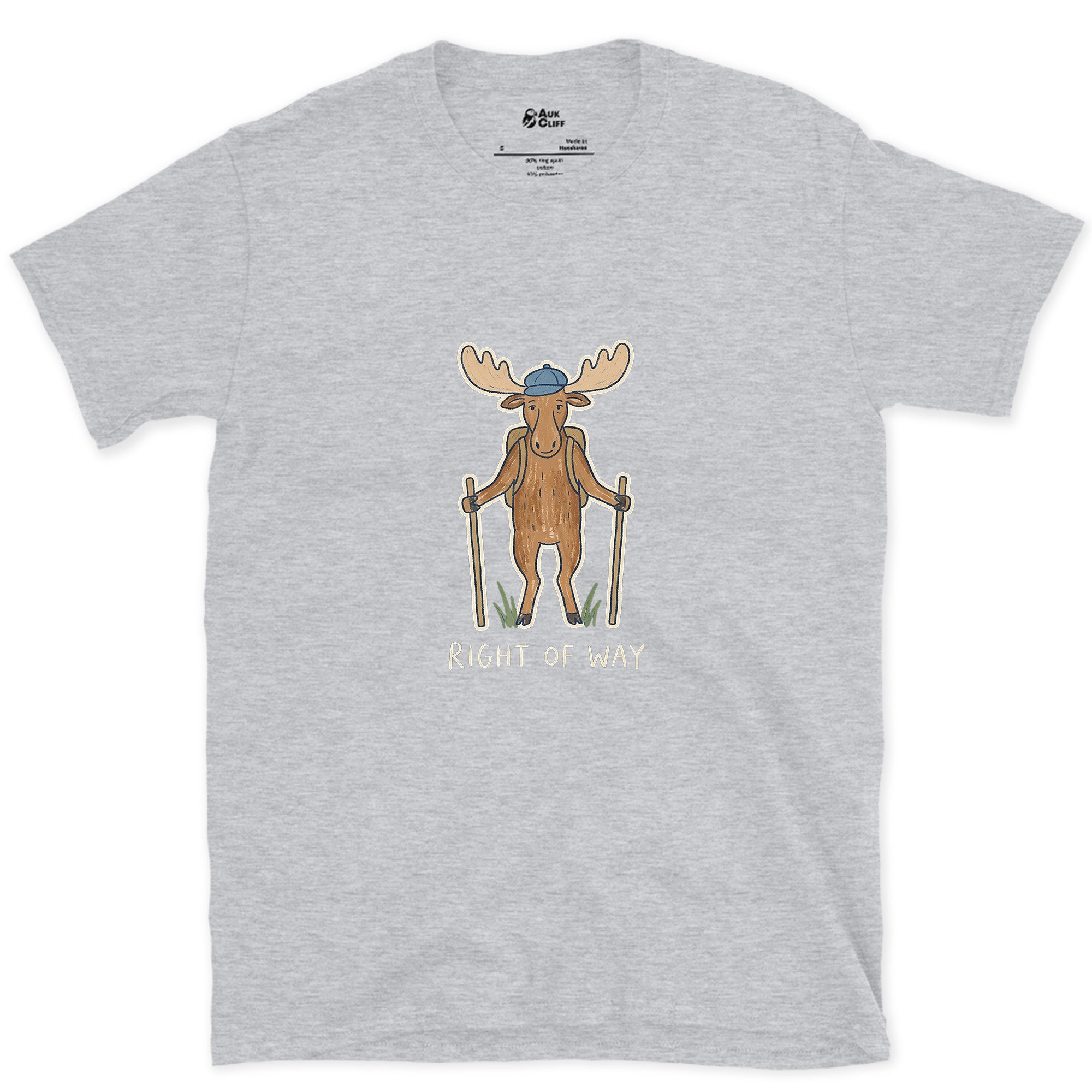 Right of Way, Moose Hiker design on a Sport Grey Gildan Softstyle t-shirt