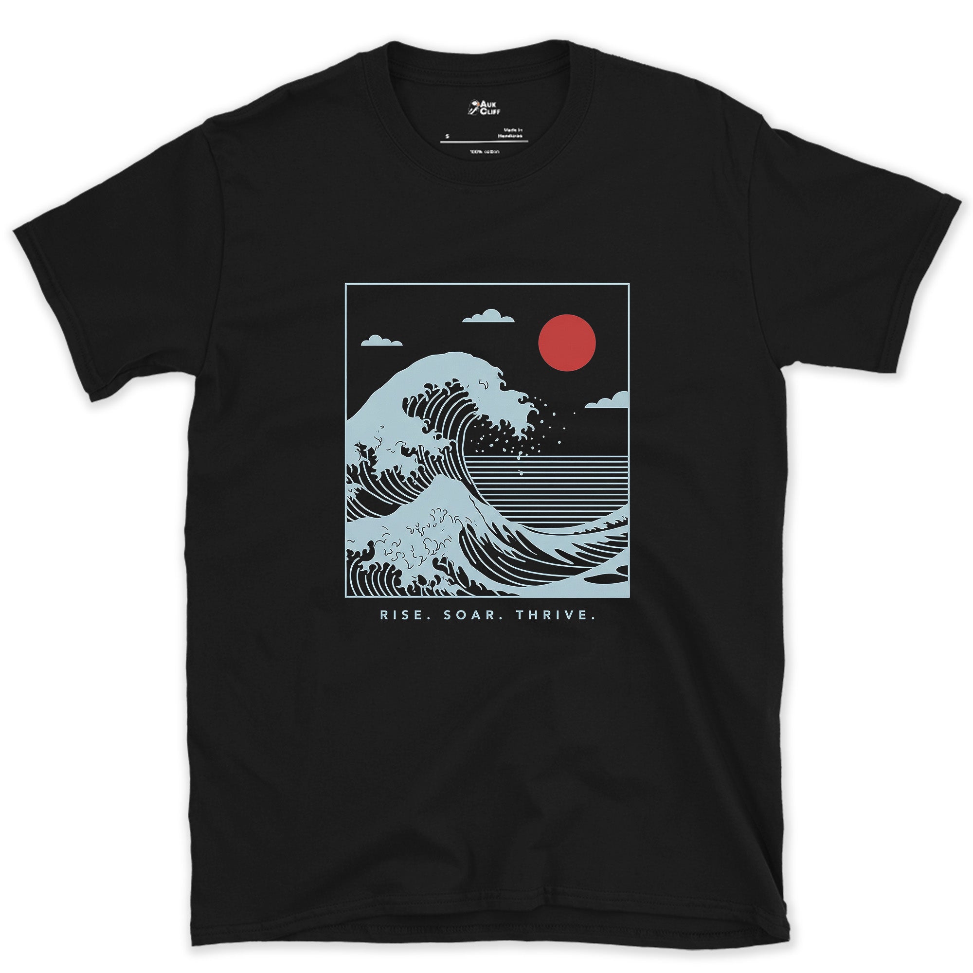 Rise, Soar, Thrive, the Cresting Wave design on a Black Gildan Softstyle t-shirt