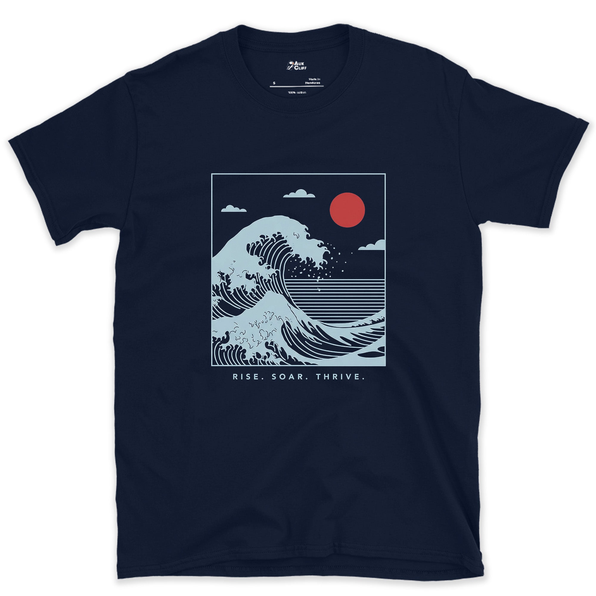 Rise, Soar, Thrive, the Cresting Wave design on a Navy Gildan Softstyle t-shirt