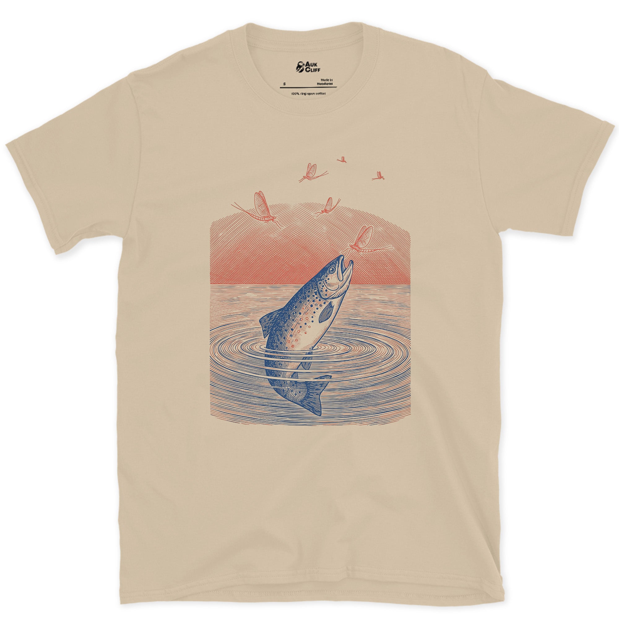 Trout Leaping Under a Red Sky design on a Sand Gildan Softstyle t-shirt