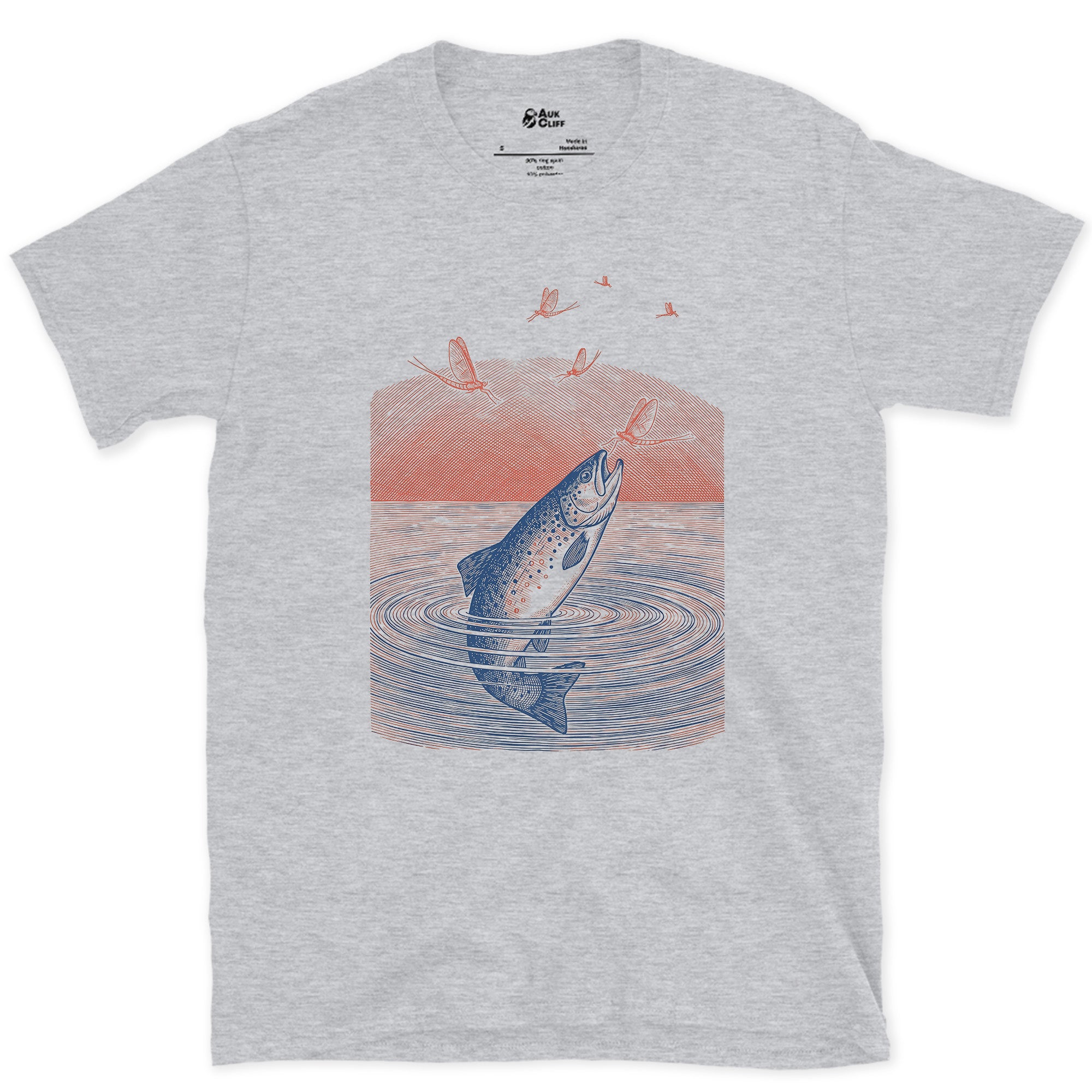 Trout Leaping Under a Red Sky design on a Sport Grey Gildan Softstyle t-shirt