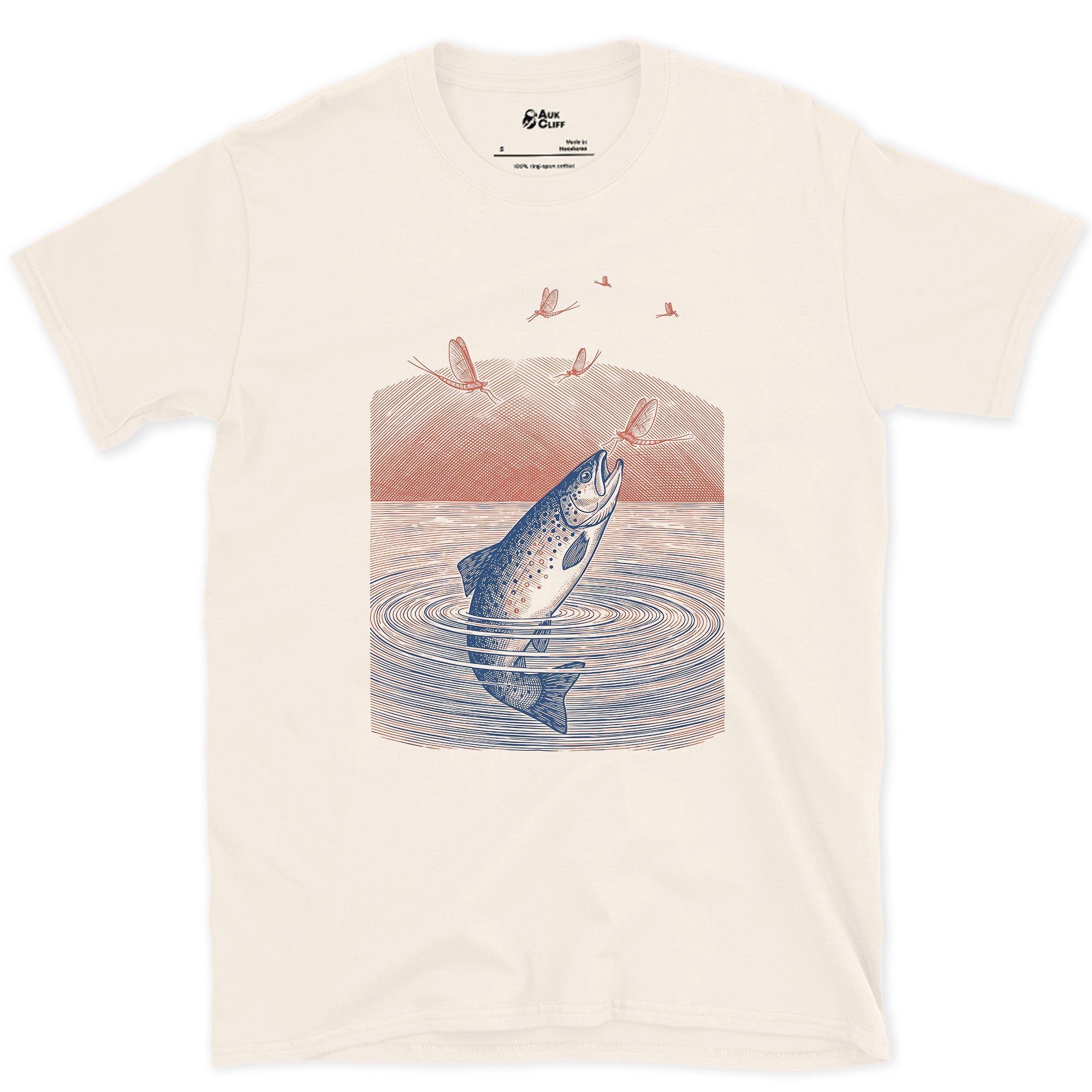 Trout Leaping Under a Red Sky design on a Natural Gildan Softstyle t-shirt