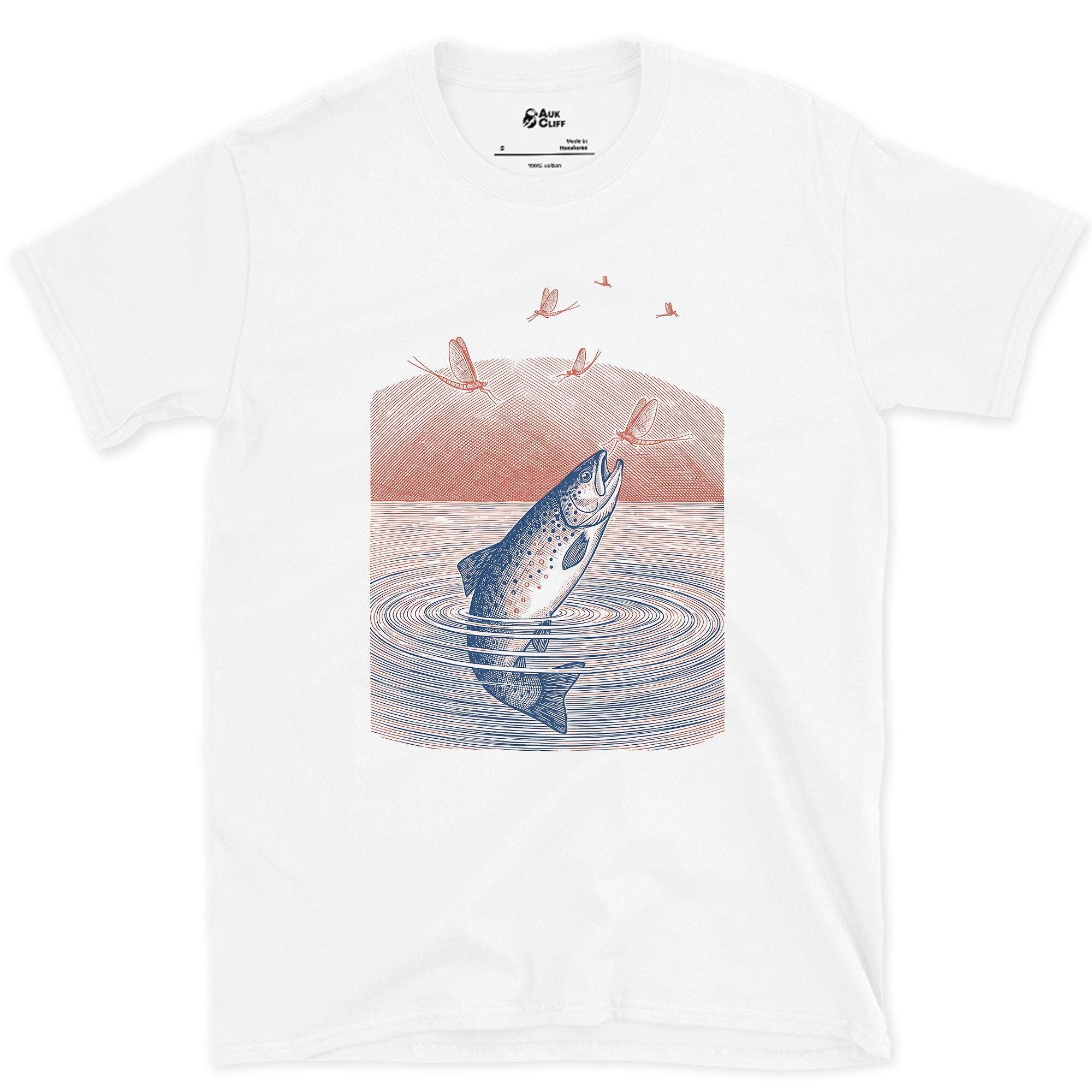Trout Leaping Under a Red Sky design on a White Gildan Softstyle t-shirt