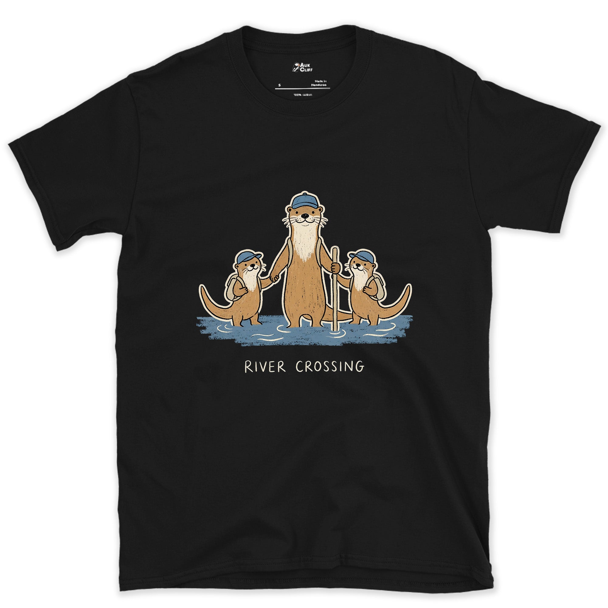 Otter Family Keeps Packs Above the Water design on a Black Gildan Softstyle t-shirt