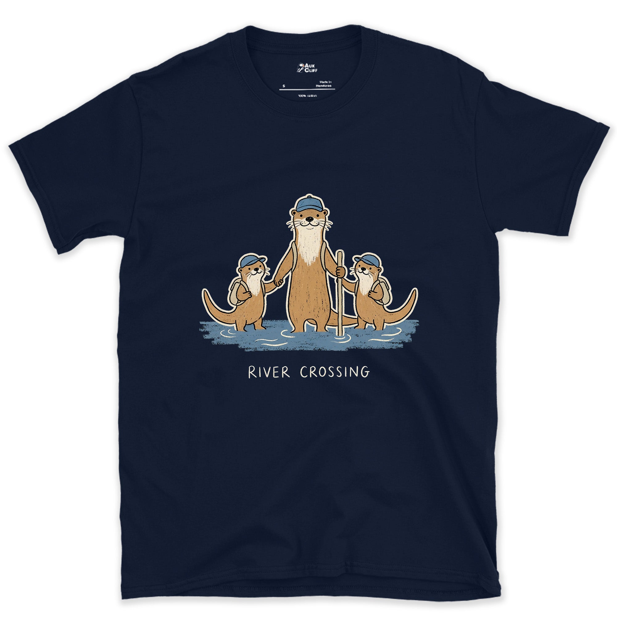 Otter Family Keeps Packs Above the Water design on a Navy Gildan Softstyle t-shirt