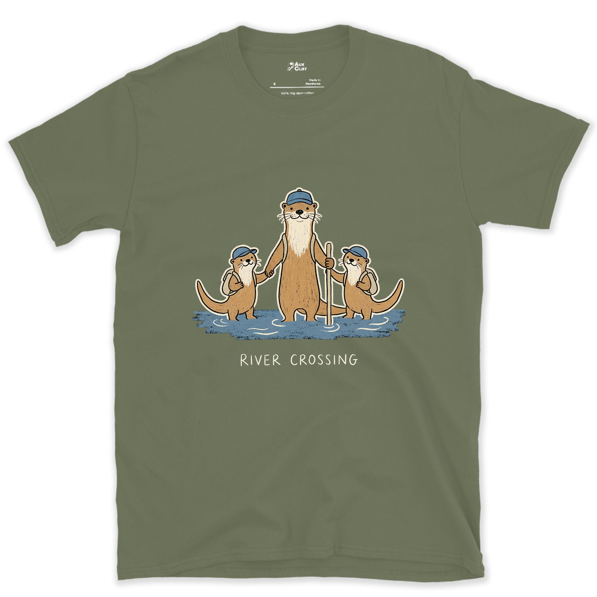 Otter Family Keeps Packs Above the Water design on a Military Green Gildan Softstyle t-shirt