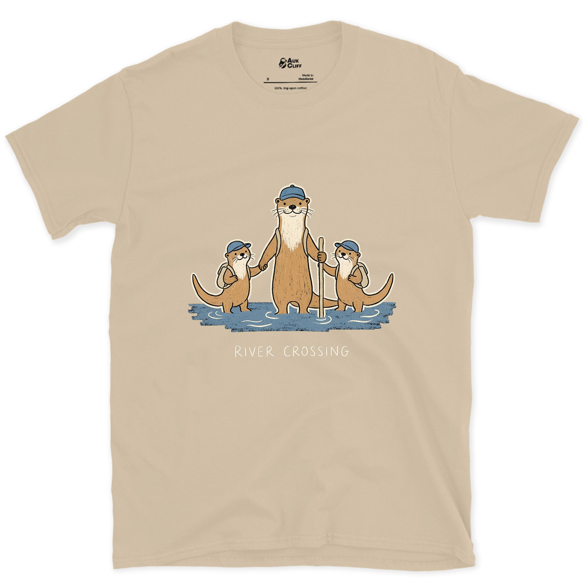 Otter Family Keeps Packs Above the Water design on a Sand Gildan Softstyle t-shirt