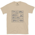 Nine Fish Each Framed as a Stamp design on a Sand Gildan Softstyle t-shirt