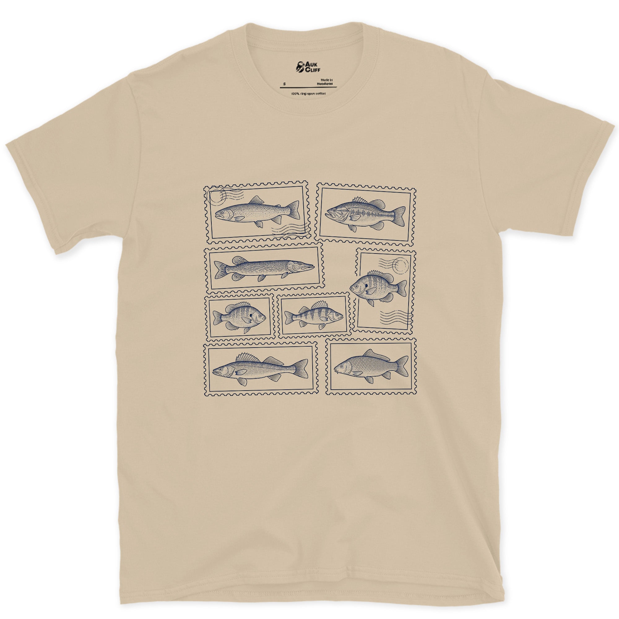 Nine Fish Each Framed as a Stamp design on a Sand Gildan Softstyle t-shirt