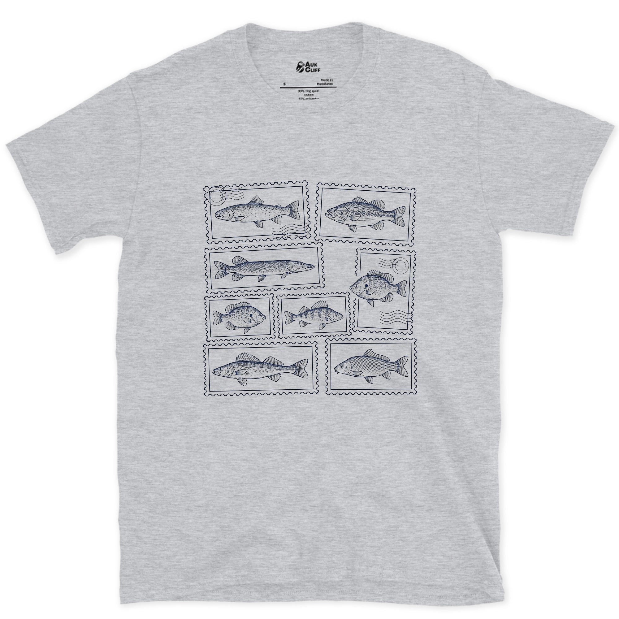 Nine Fish Each Framed as a Stamp design on a Sport Grey Gildan Softstyle t-shirt