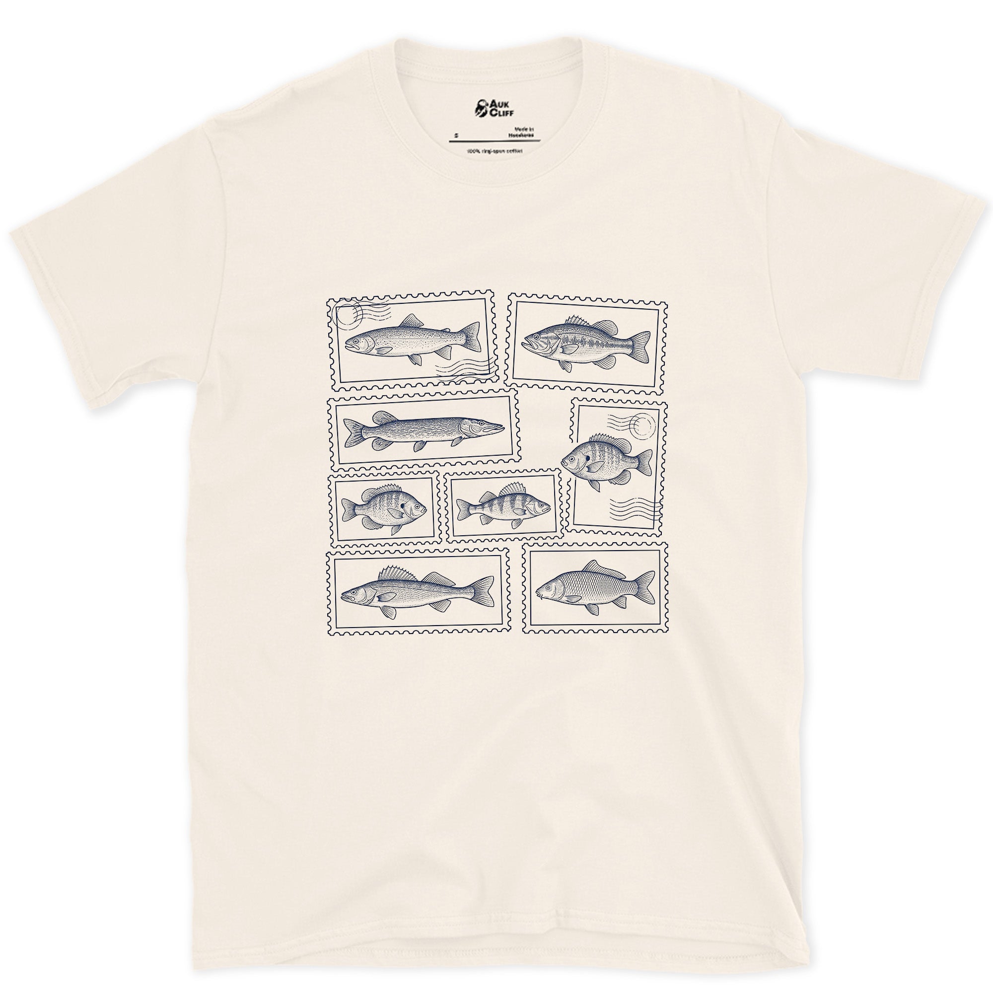 Nine Fish Each Framed as a Stamp design on a Natural Gildan Softstyle t-shirt