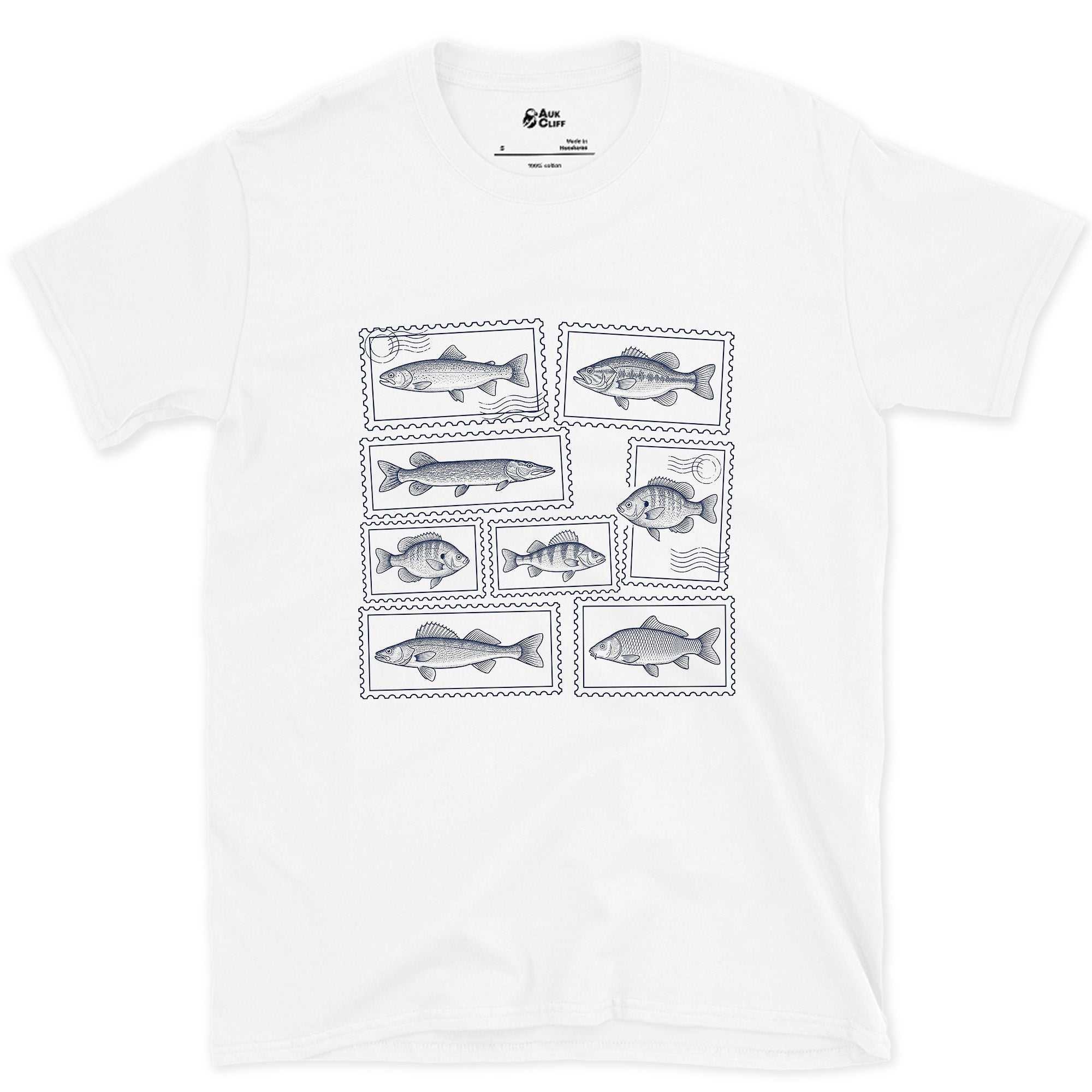 Nine Fish Each Framed as a Stamp design on a White Gildan Softstyle t-shirt
