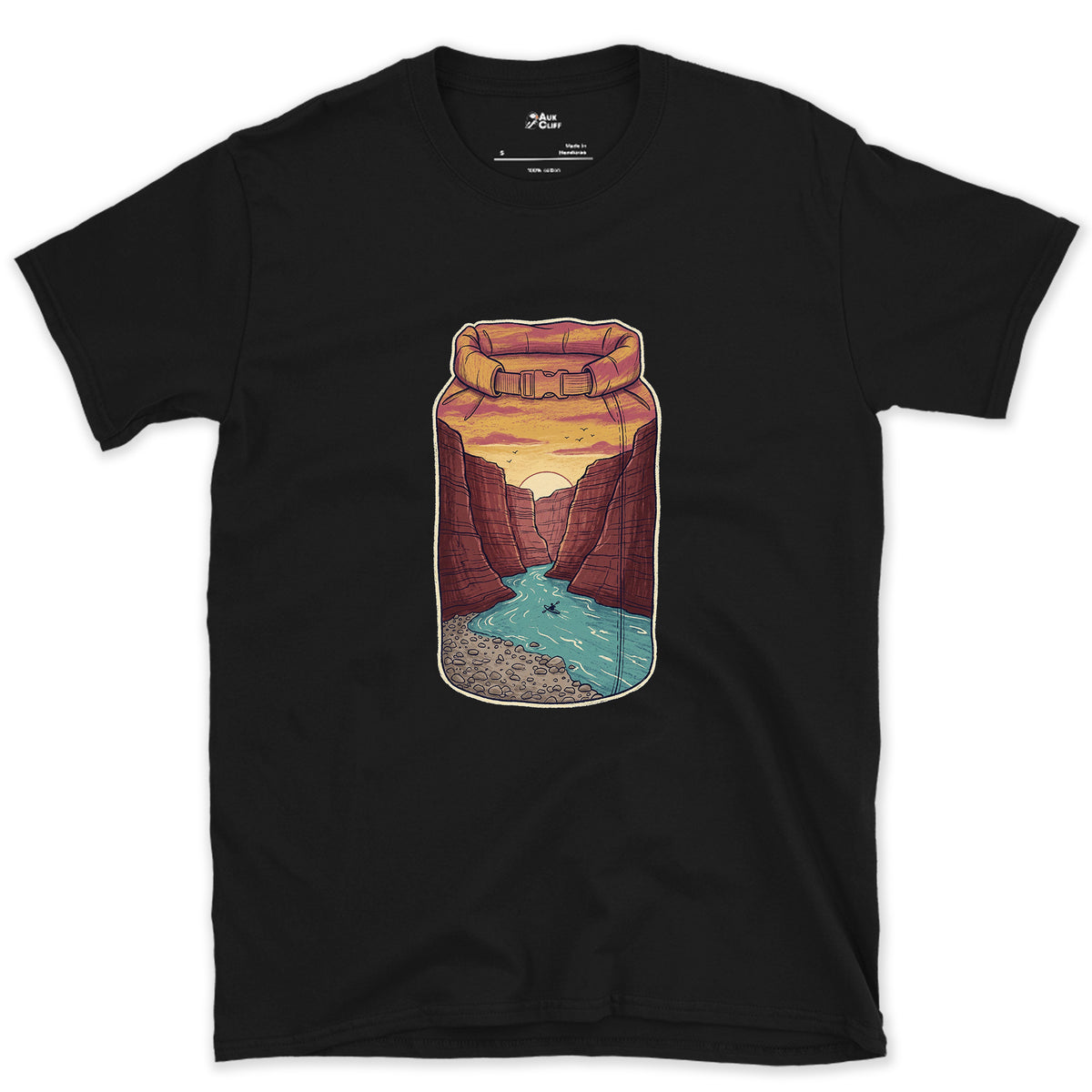 River Gorge at Sunset, Kayaker's Dry Bag design on a Black Gildan Softstyle t-shirt