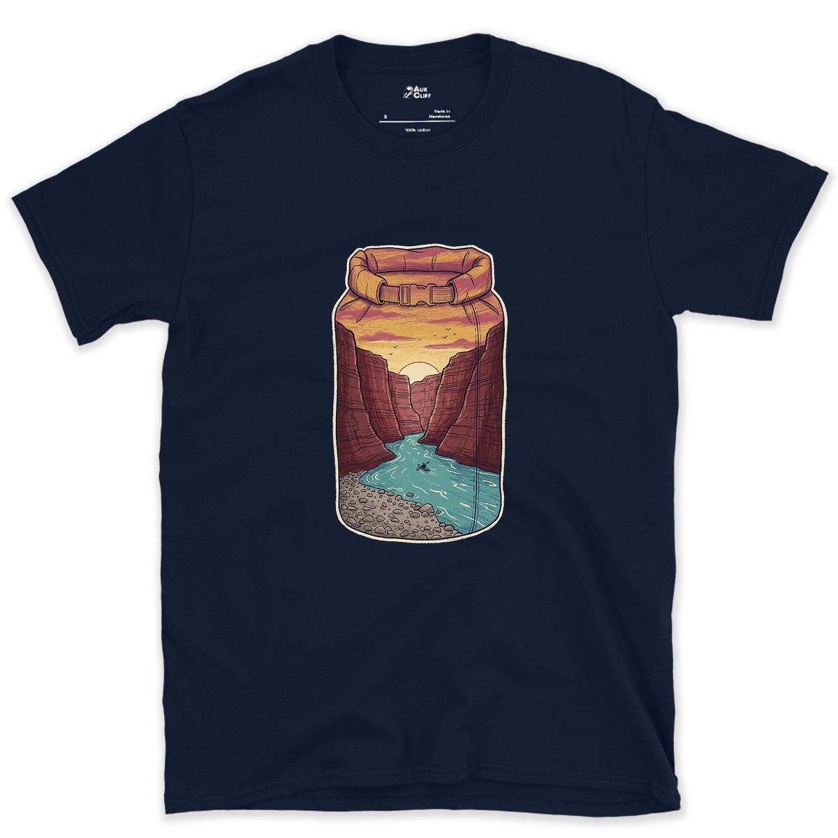 River Gorge at Sunset, Kayaker's Dry Bag design on a Navy Gildan Softstyle t-shirt