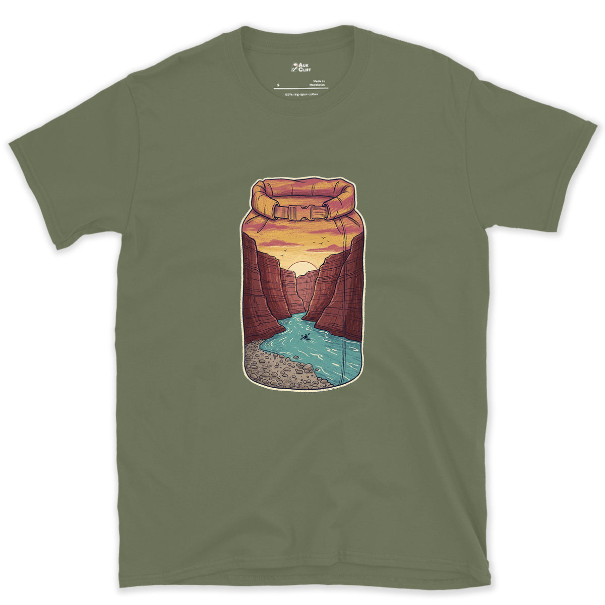 River Gorge at Sunset, Kayaker's Dry Bag design on a Military Green Gildan Softstyle t-shirt