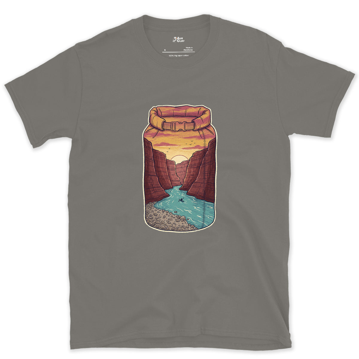 River Gorge at Sunset, Kayaker's Dry Bag design on a Charcoal Gildan Softstyle t-shirt