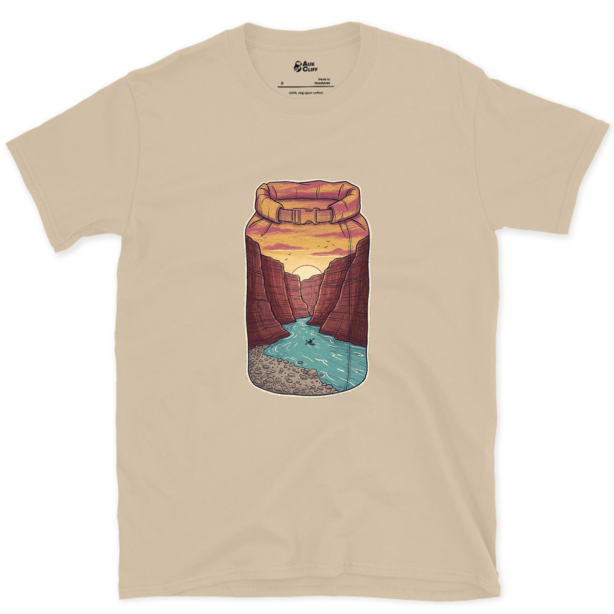 River Gorge at Sunset, Kayaker's Dry Bag design on a Sand Gildan Softstyle t-shirt