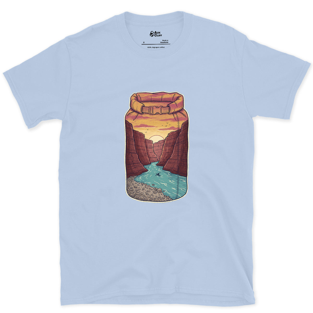 River Gorge at Sunset, Kayaker's Dry Bag design on a Light Blue Gildan Softstyle t-shirt