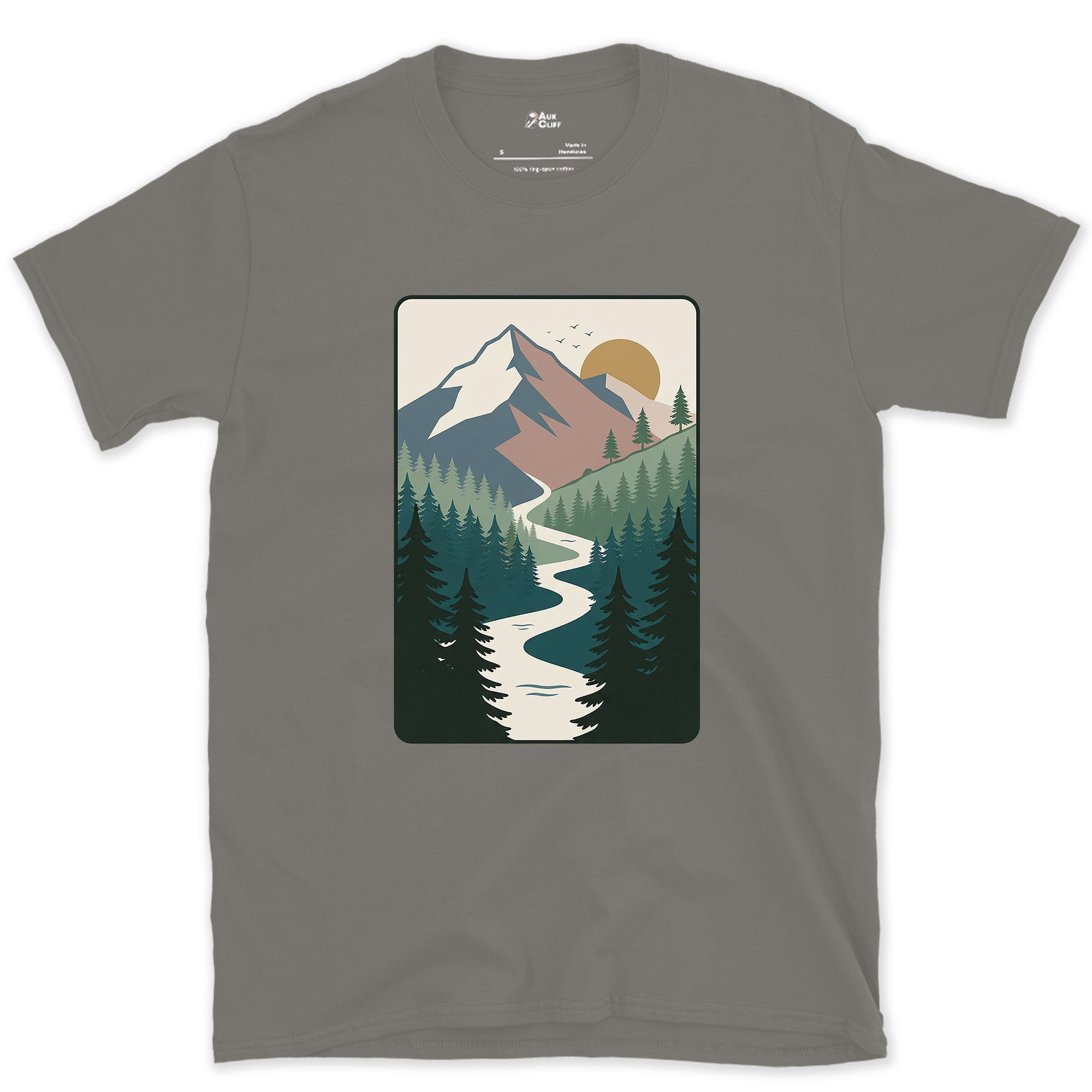 The River Finds Its Own Way Through the Mountains design on a Charcoal Gildan Softstyle t-shirt