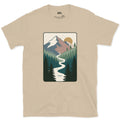The River Finds Its Own Way Through the Mountains design on a Sand Gildan Softstyle t-shirt