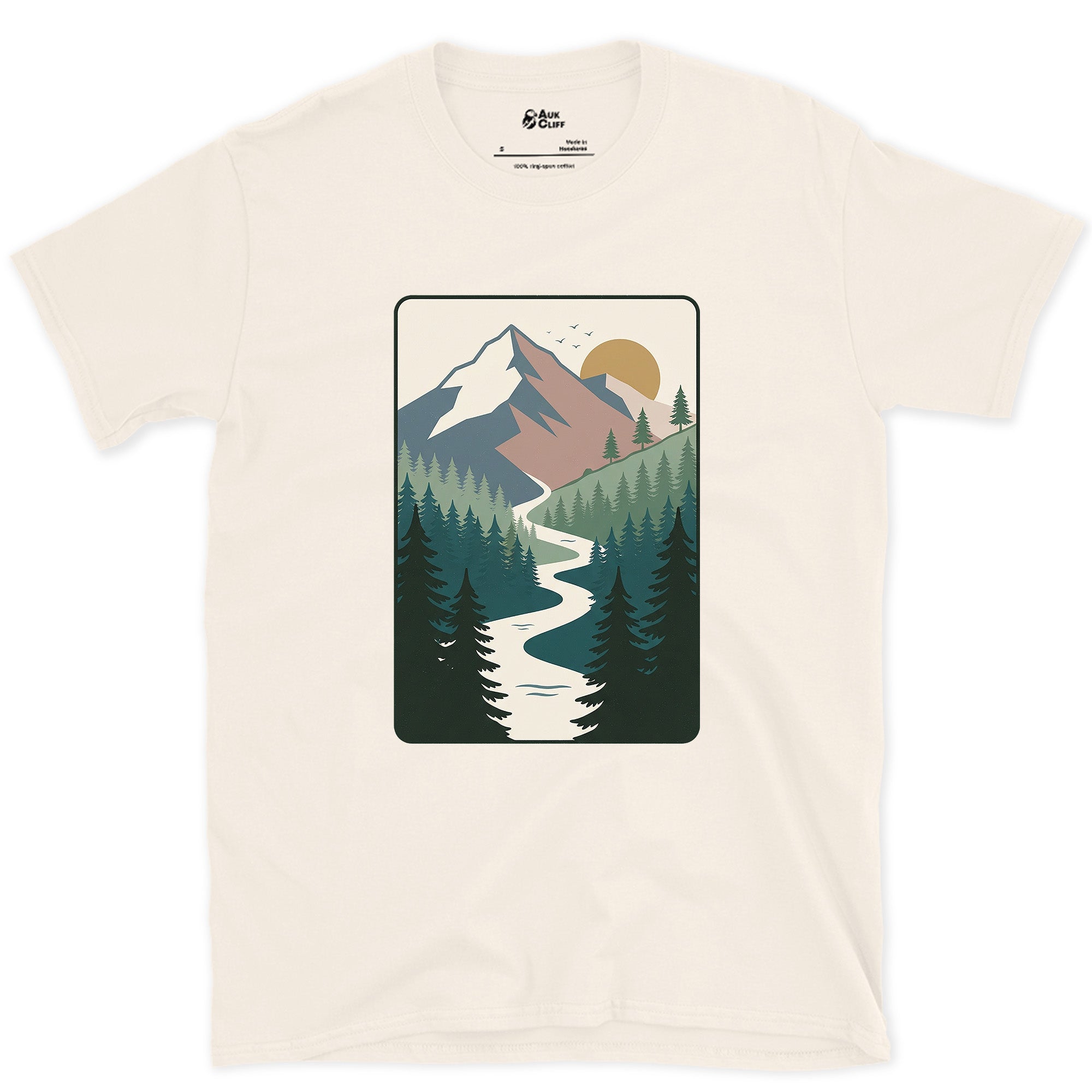 The River Finds Its Own Way Through the Mountains design on a Natural Gildan Softstyle t-shirt