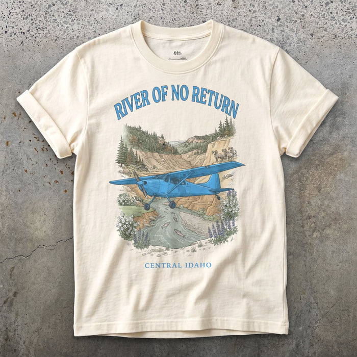 River of No Return Bush Plane design on a Natural Gildan Softstyle t-shirt