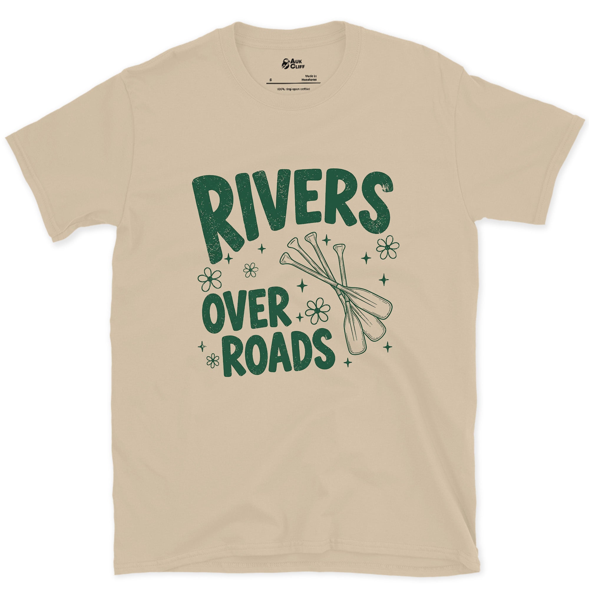 Rivers Over Roads, Crossed Paddles design on a Sand Gildan Softstyle t-shirt