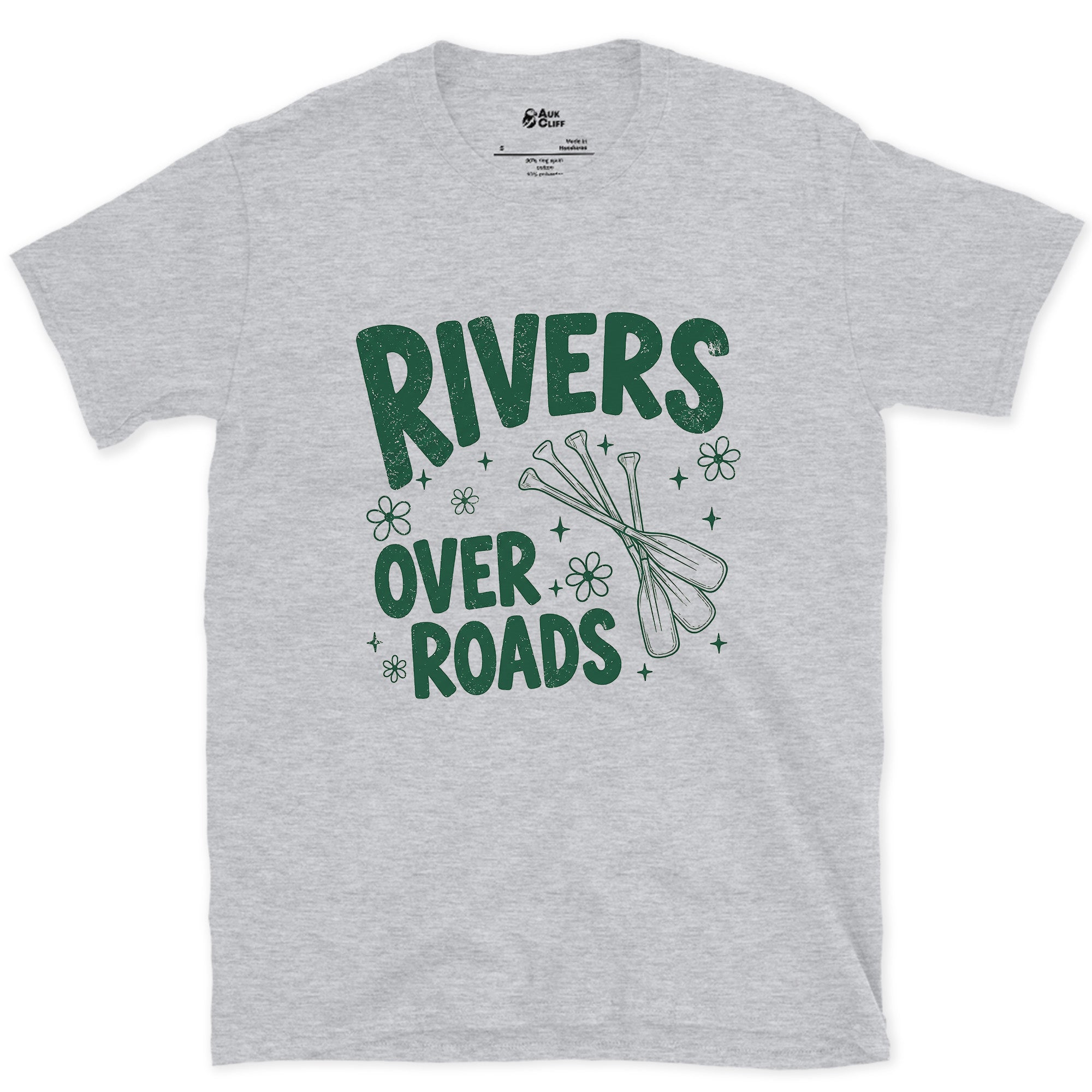 Rivers Over Roads, Crossed Paddles design on a Sport Grey Gildan Softstyle t-shirt