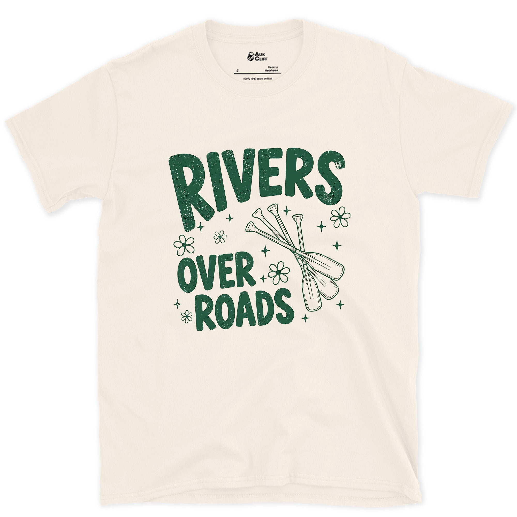Rivers Over Roads, Crossed Paddles design on a Natural Gildan Softstyle t-shirt